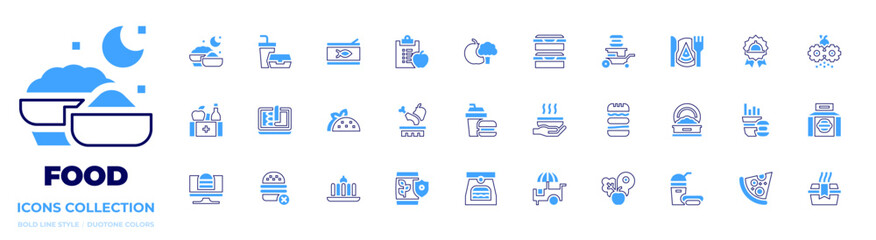 Food icon collection. Bold line style. Duotone colors. fast food, crusher, diet, food, food box, food waste, nutrient, food cart, food stall , diet food
