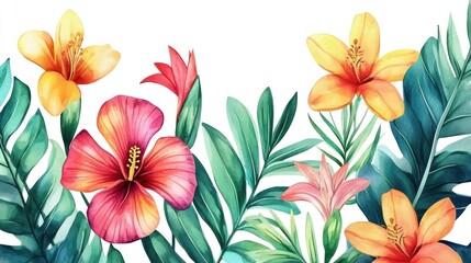 Vibrant hibiscus, tropical leaves banner, watercolor, white background, website design
