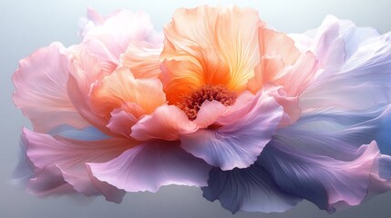 Soft light illuminates delicate peach and lavender flower petals artfully arranged. AI Generated