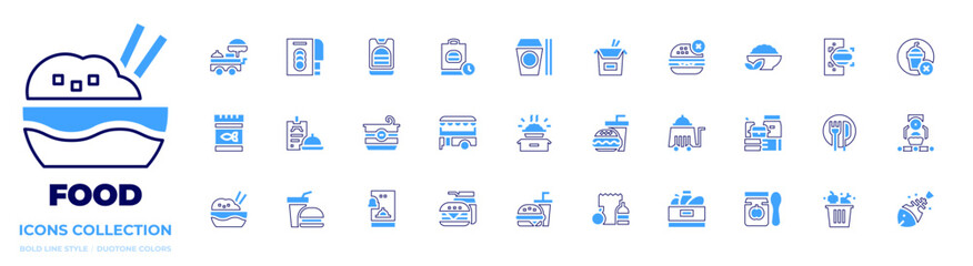 Food icon collection. Bold line style. Duotone colors. food truck, healthy, burger, service, fast food , leftover, factory, food cart , food box , food