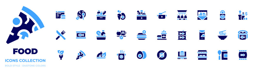 Food icon collection. Bold style. Duotone colors. restaurant, noodle, wash, catering, street food, vegan food, baby food, tinned food, cat food