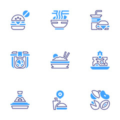 Food icon set. Bold line style. Duotone colors. Editable stroke. tajine, food pack, fast food , no fast food, fast food, rice bowl, nuts, ramen, cheese