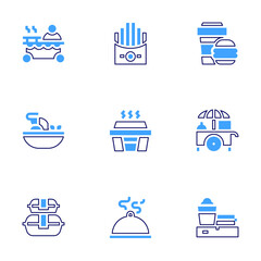 Food icon set. Bold line style. Duotone colors. Editable stroke. tom yum, food cart , food stall, hot food, food delivery , fast food , food , food container
