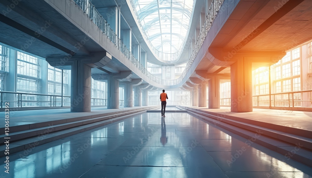 Poster Illustration of modern architecture with bridge overpass design, man looks into perspective. Concrete structure with large windows, bright sunny background. Architectural rendering perfect for
