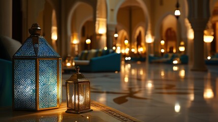 Luxurious Moroccan hotel lobby, lanterns, evening, relaxation