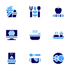 Food icon set. Bold style. Duotone colors. conveyor belt, soup, food , vegetarian food, food tray , fast food , order food , baby food