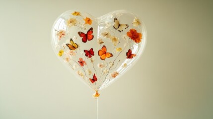 Heart-shaped balloon, butterflies, flowers, indoor studio, romantic, Valentine's Day