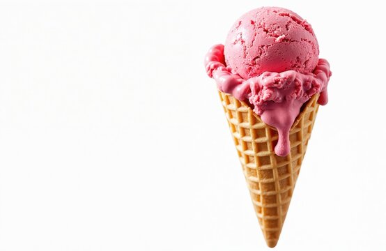 Strawberry ice cream in crispy waffle cone isolated on white. Pink milk gelato favor melts. Single scoop, tasty cold summer dessert, refreshment, sweet snack for kids and adults.