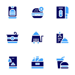 Food icon set. Bold style. Duotone colors. service, fast food , order food , tinned food, food donation, food delivery, no fast food
