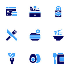 Food icon set. Bold style. Duotone colors. restaurant, noodle, baby food, food , canned food , no food , food blogger, salad, tea egg