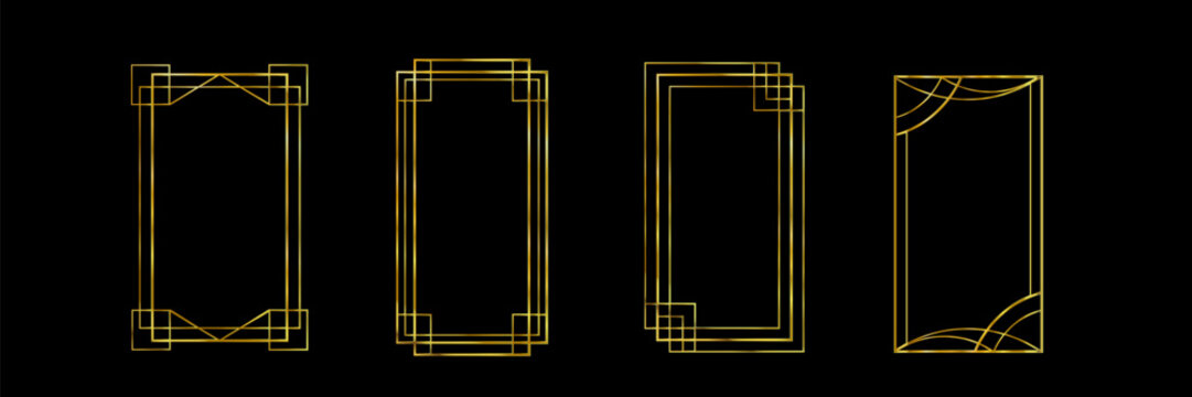 Great Gatsby deco frame collection with gold geometric borders on black background. Minimalist art nouveau style metallic outlines for luxury invitations, certificates or vintage design elements.