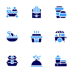 Food icon set. Bold style. Duotone colors. tom yum, food cart , food stall, hot food, food delivery , fast food , food , food container