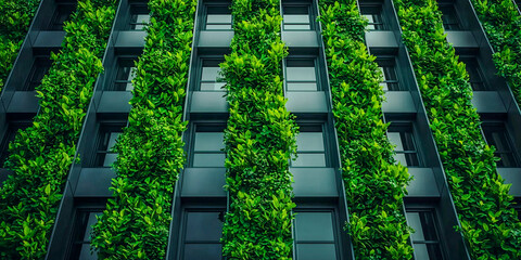 A modern building facade adorned with vertical greenery, showcasing an innovative blend of architecture and nature.