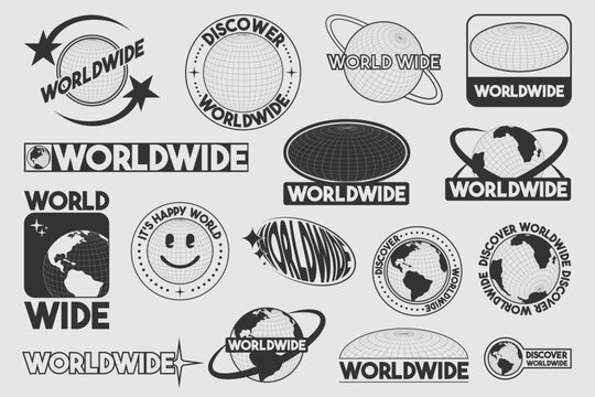 Y2k globe stickers with worldwide text and retro earth spheres in monochrome style. Digital planet emblems collection for millennium era branding, nostalgic web design or vintage tech aesthetics.