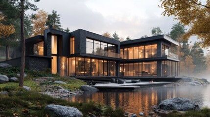 Fototapeta premium Modern Black House Surrounded by Nature with Reflective Water