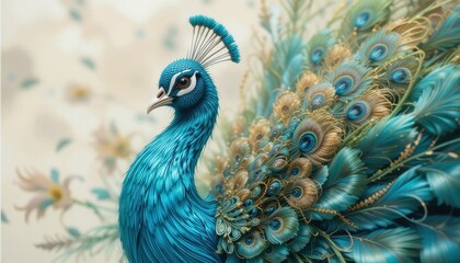 Fototapeta premium Majestic Peacock Vibrant Blue and Gold Feathers Detailed Close Up
