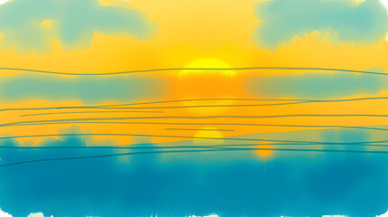 Fototapeta premium Digital painting of a sunset over water with loose brushstrokes in yellow, orange, blue, and teal, creating an impressionistic and abstract landscape.