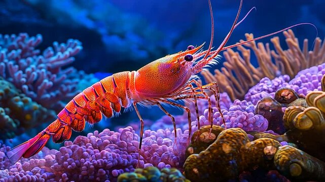 A vibrant, detailed image showcasing a brightly colored shrimp swimming through coral in its underwater habitat.