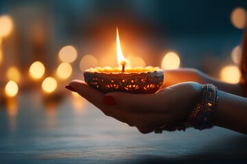 A close-up of hands lighting a diya, with glowing flames reflecting warmth and joy