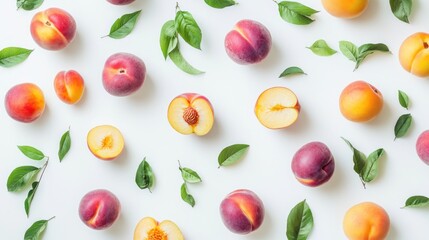 Peaches, leaves, white background, flat lay, food photography