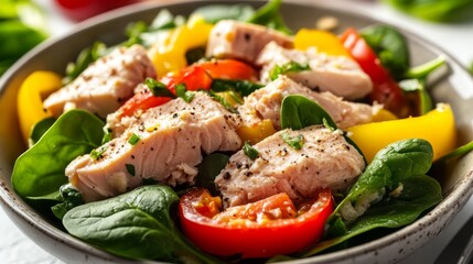 Tuna salad mixed with peppers and spinach makes for a healthy midday meal. Perfect for food photography