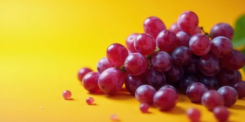 A vibrant bunch of red grapes rests on a sunny yellow backdrop, several loose berries scattered nearby, suggesting freshness and natural sweetness.
