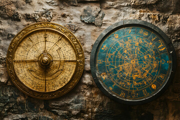 Fototapeta premium Ancient Astrological Compasses on Stone Wall Exploring Cosmic Depths
