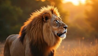 Obraz premium Majestic lion illuminated by warm golden sunlight, bokeh background. Wild feline predator power, strength, serenity in wildlife, untamed nature. Perfect animal photo embodies calm, peacefulness,