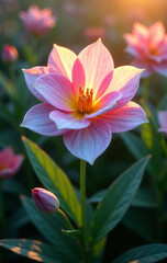 Fototapeta premium A luminous flower of life pattern intricately woven into a vibrant garden at dawn, with dew-kissed petals radiating iridescent colors under soft sunlight.