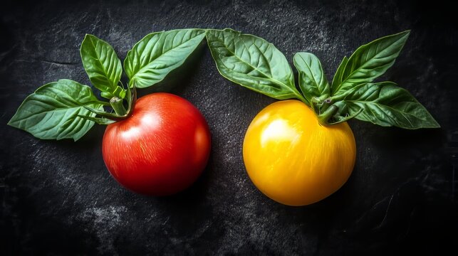 A food photography shot featuring twin tomatoes on a vine, contrasted against a dark background