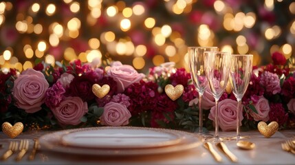 Naklejka premium Romantic Valentine's Day dinner table setting with champagne flutes, floral arrangement, and bokeh lights