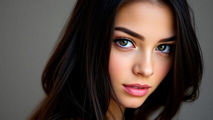 Fototapeta premium Stunning Young Woman with Long Dark Hair and Brown Eyes, Gazing at the Camera