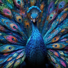 Fototapeta premium Majestic Peacock with Vibrant Tail Feathers Displaying Exquisite Colors and Details