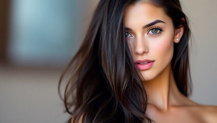 Naklejka premium Stunning Young Woman with Long Dark Hair and Brown Eyes, Gazing at the Camera