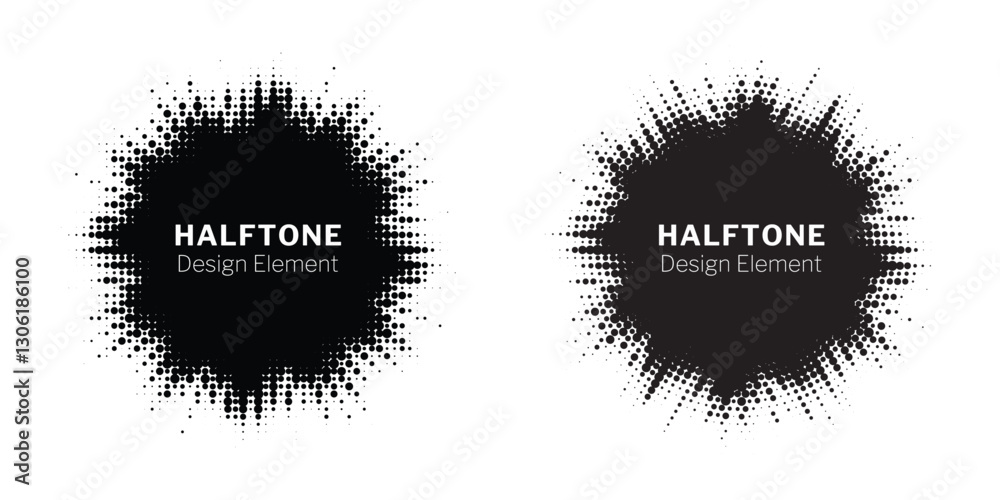 Aufkleber Set of black halftone grunge circle. Vector modern dots halftone arts. Halftone circle frame background set. Round border Icon using halftone random circle. Grunge circular stain. Vector illustration.