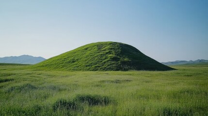 Grassy hill landscape, serene plains, distant mountains, travel brochure