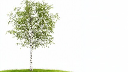 Fototapeta premium Vibrant Green Birch Tree on Lush Grass Against a Bright Background