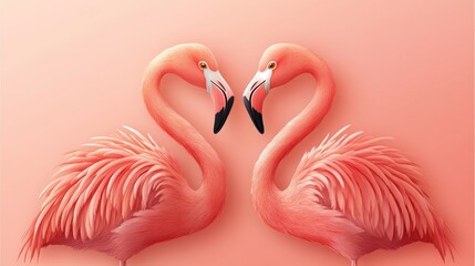 Fototapeta premium Flamingos making a heart shape on a pink background, symbolizing love for a Valentine's Day card