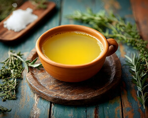 Aromatic paraguayan cocido served in a traditional clay cup on wooden surface