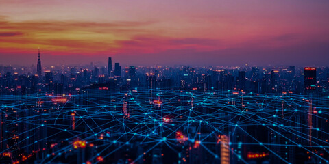 A vibrant city skyline at sunset, illuminated by digital connections, symbolizing technology and urban life.