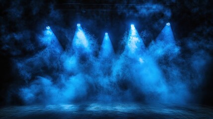 Blue stage lights illuminate smoky dark stage, ideal for concert backdrop
