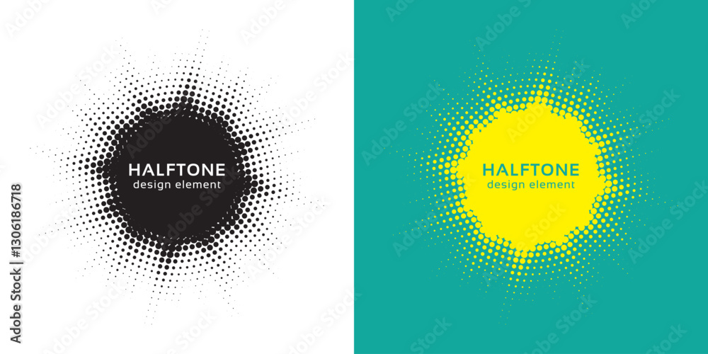 Poster Set of black halftone grunge circle. Vector modern dots halftone arts. Halftone circle frame background set. Round border Icon using halftone random circle. Grunge circular stain. Vector illustration.