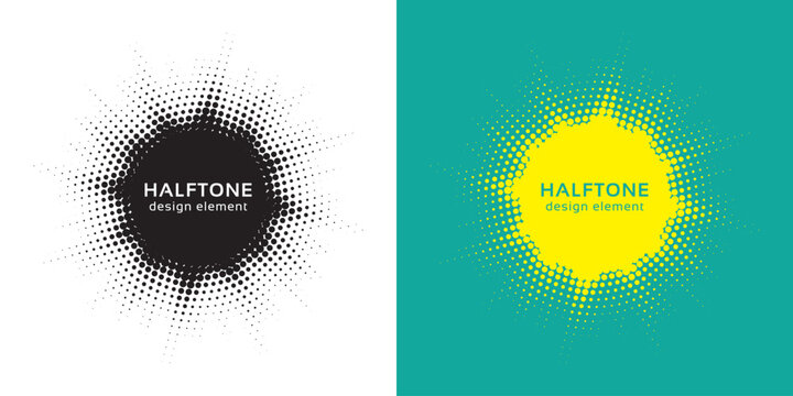 Set of black halftone grunge circle. Vector modern dots halftone arts. Halftone circle frame background set. Round border Icon using halftone random circle. Grunge circular stain. Vector illustration.