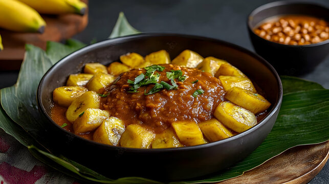 Aromatic ugandan matoke dish with ripe bananas and stew plating on banana leaves for a cultural culinary experience stock photo