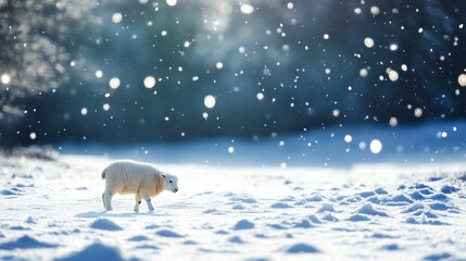 Lamb walking snowy field, winter wonderland, snowfall background, Christmas card