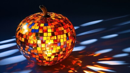 Obraz premium Illuminated disco apple glowing, studio shot, dark background, party decor