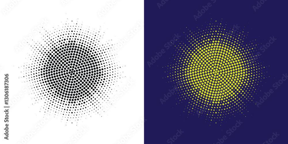 Poster Set of black halftone grunge circle. Vector modern dots halftone arts. Halftone circle frame background set. Round border Icon using halftone random circle. Grunge circular stain. Vector illustration.