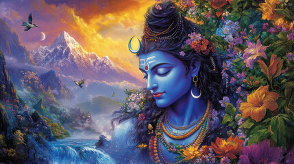A serene and majestic depiction of Lord Shiva, with a calm expression and a radiant blue complexion