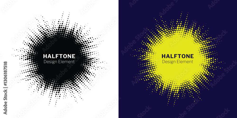 Aufkleber Set of black halftone grunge circle. Vector modern dots halftone arts. Halftone circle frame background set. Round border Icon using halftone random circle. Grunge circular stain. Vector illustration.