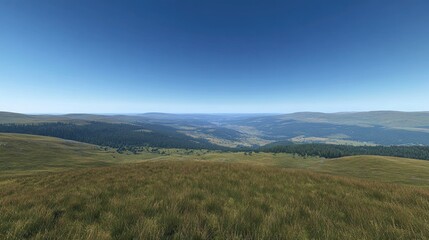 Mountaintop grassland panorama, valley view, clear sky, distant forest, nature background